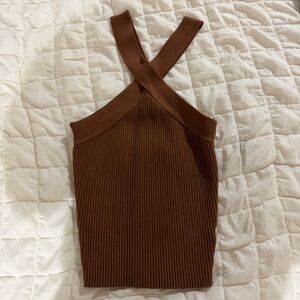 House of Harlow 1960 Brown Ribbed Cross-Strap Tank